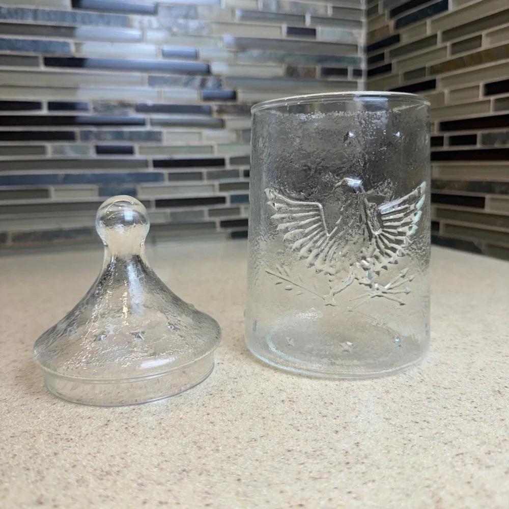 Vintage Clear Glass Apothecary Jar Embossed Eagle Star Lid Textured Patriotic